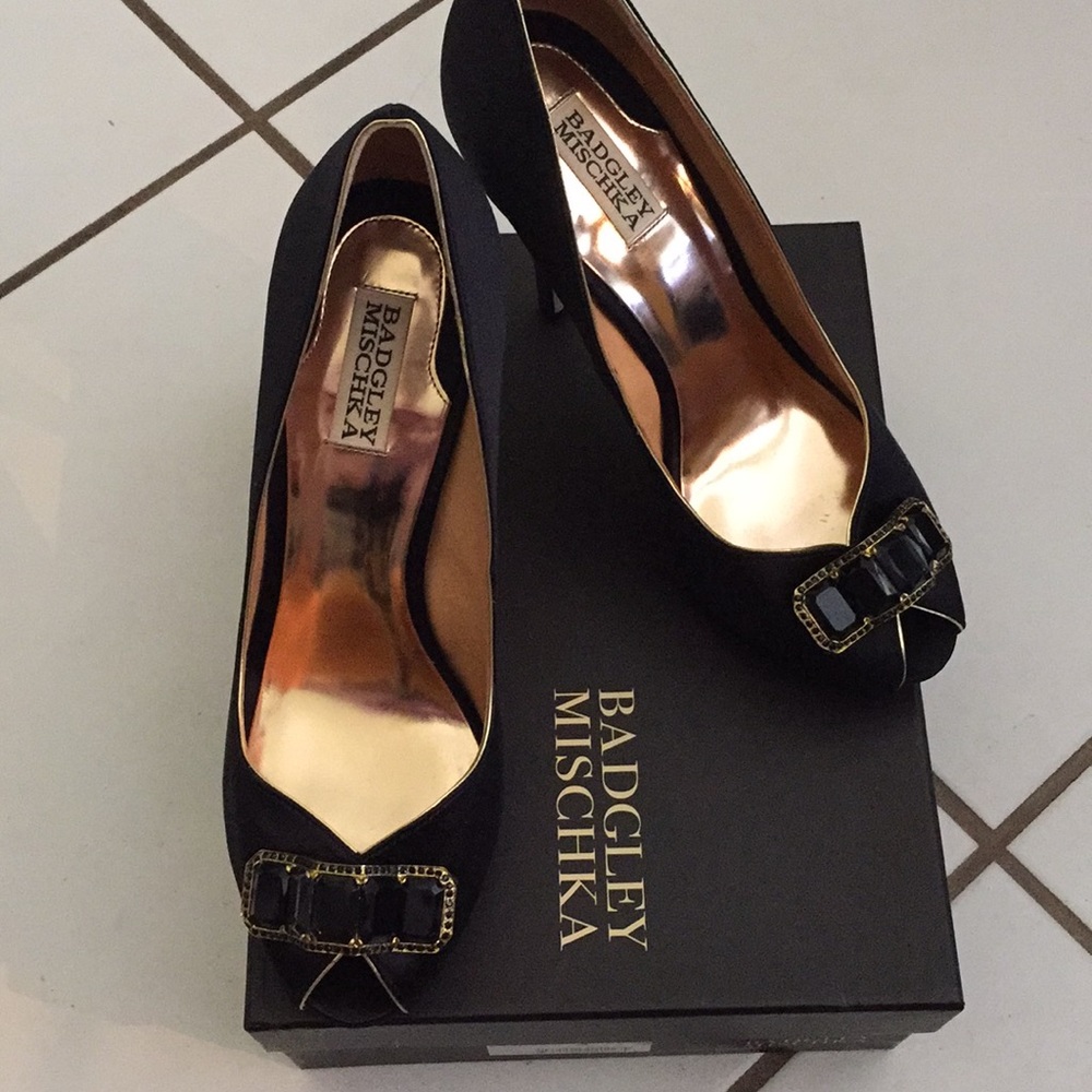 Badgley Mishcka Black Satin Crystal Heels